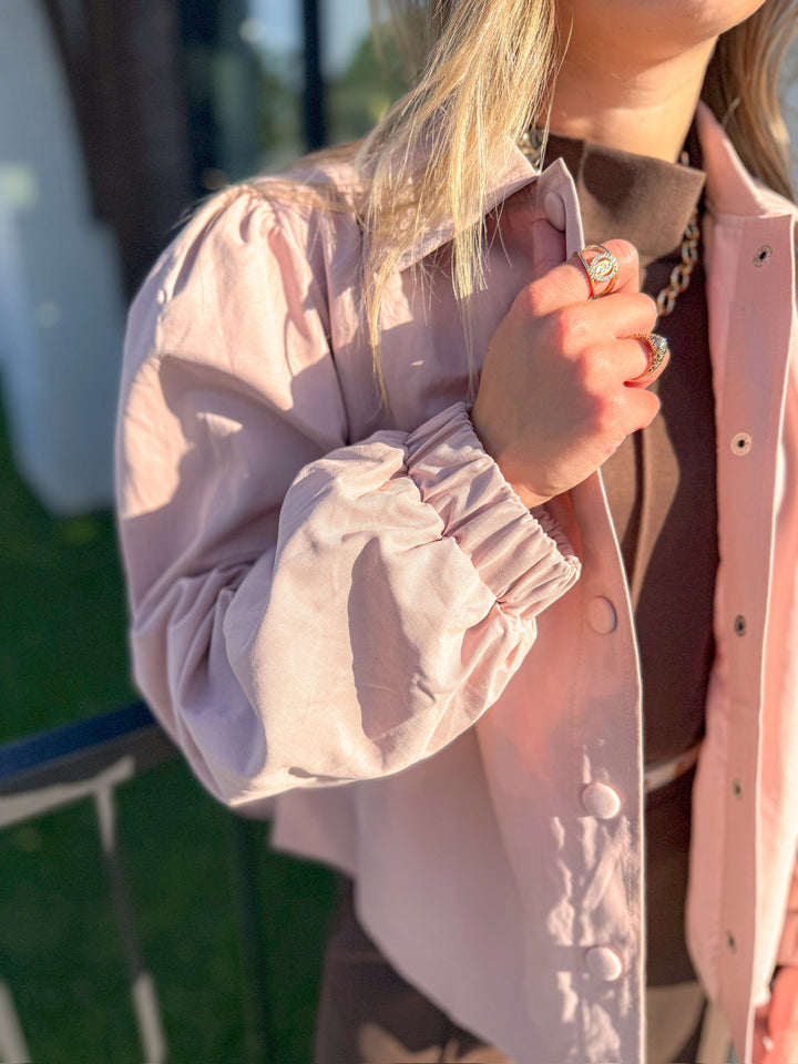ROSY GATHERED SHOULDER BUTTON DOWN TOP