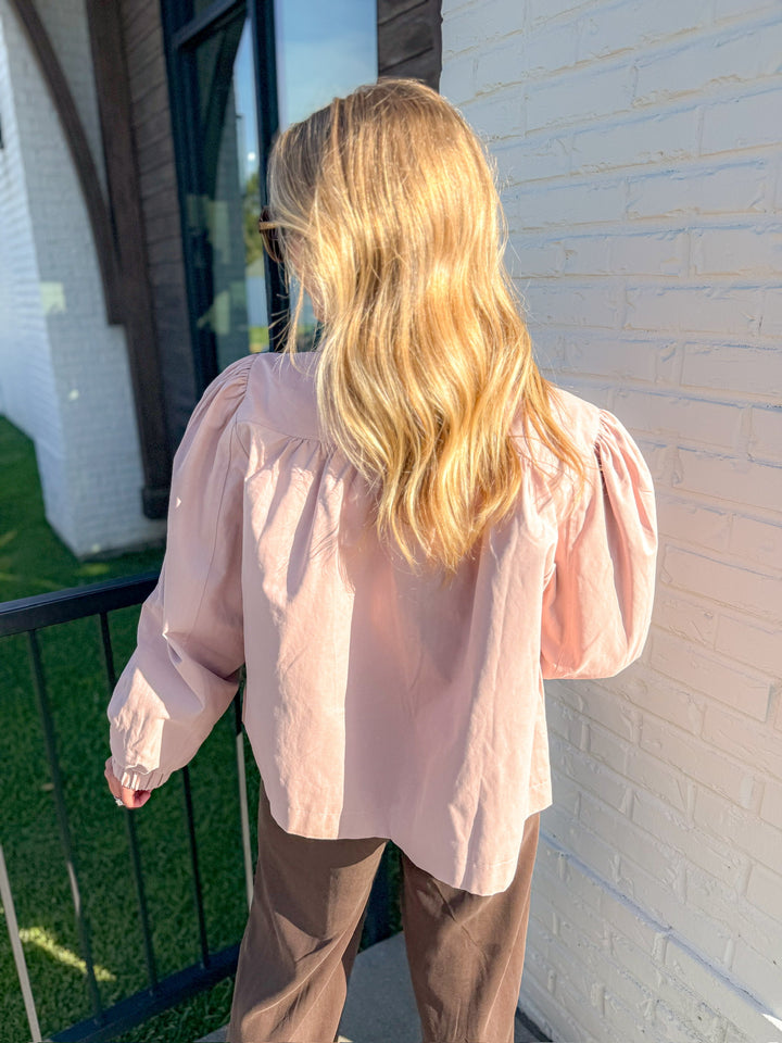 ROSY GATHERED SHOULDER BUTTON DOWN TOP
