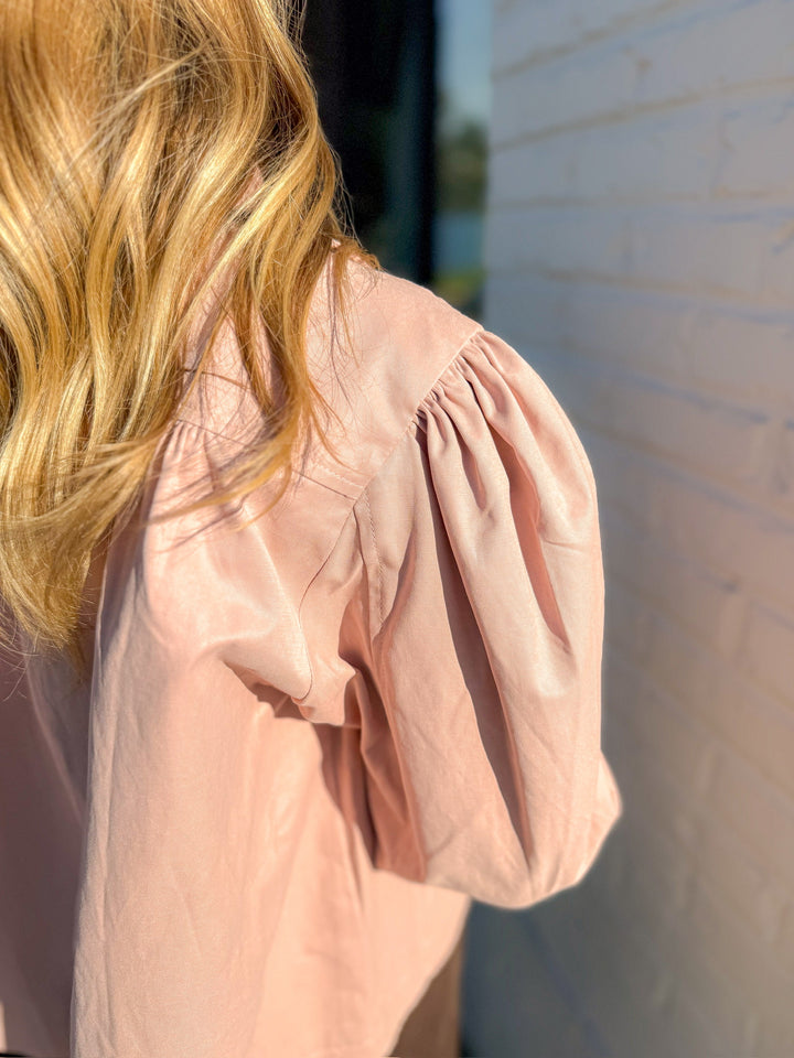ROSY GATHERED SHOULDER BUTTON DOWN TOP