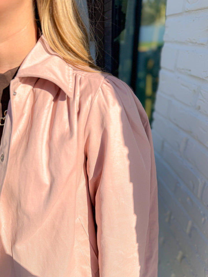 ROSY GATHERED SHOULDER BUTTON DOWN TOP
