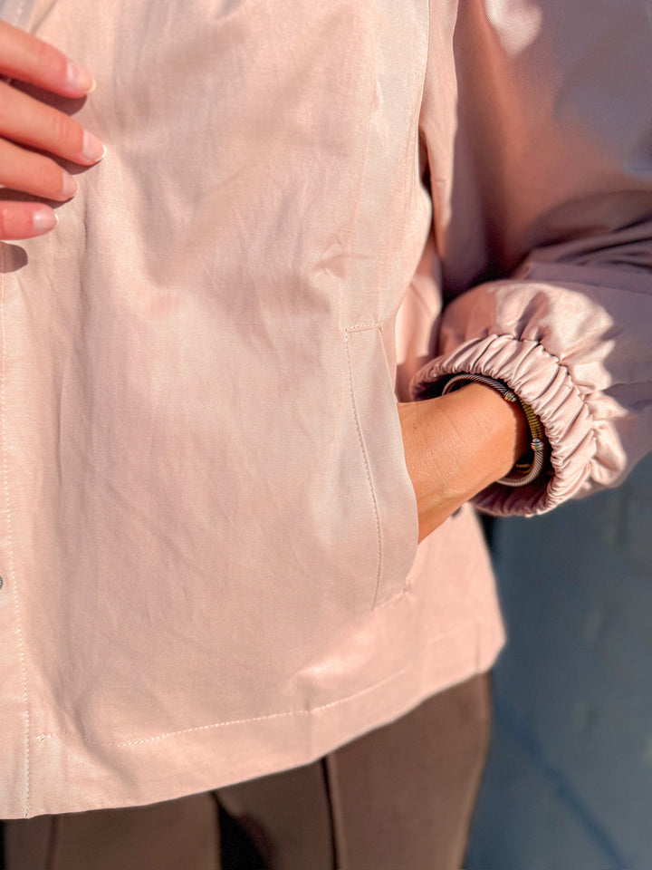 ROSY GATHERED SHOULDER BUTTON DOWN TOP