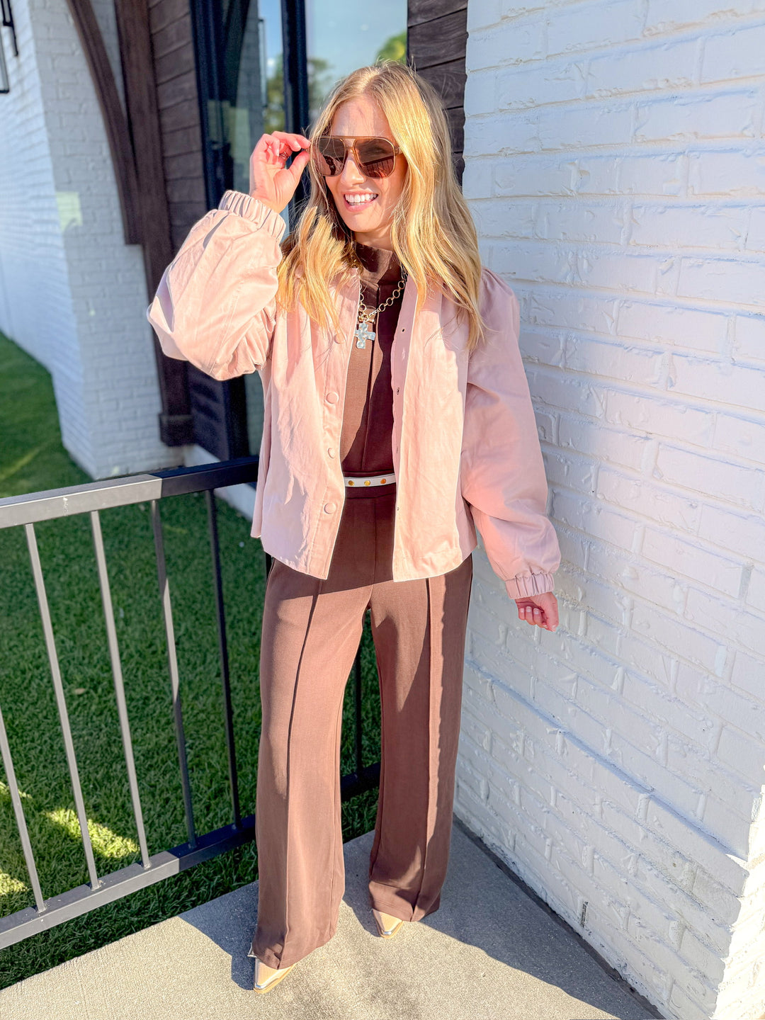 ROSY GATHERED SHOULDER BUTTON DOWN TOP