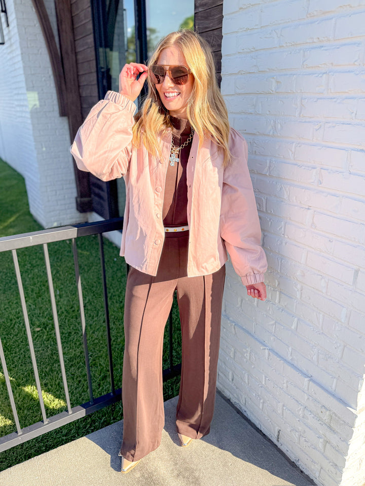 ROSY GATHERED SHOULDER BUTTON DOWN TOP