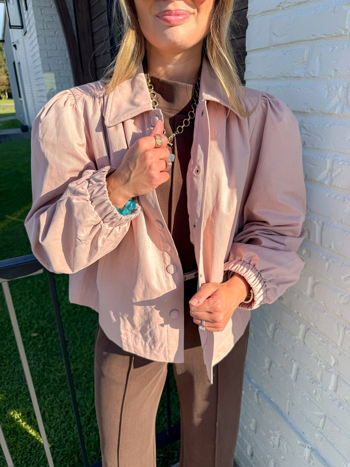 ROSY GATHERED SHOULDER BUTTON DOWN TOP