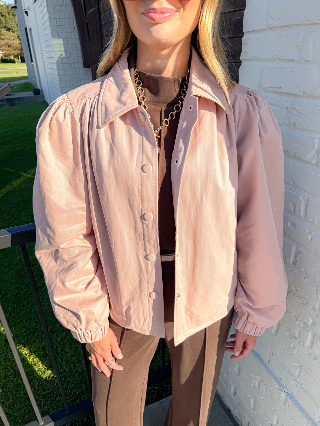ROSY GATHERED SHOULDER BUTTON DOWN TOP