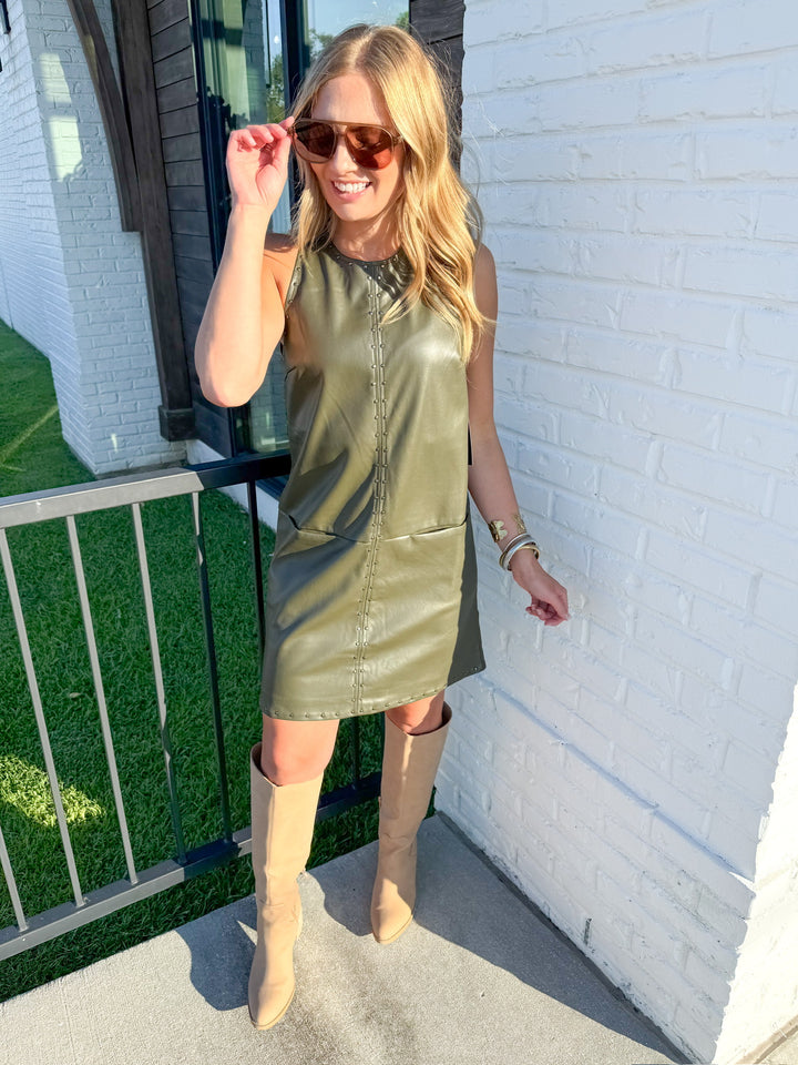 THE NIGHT OUT OLIVE STUDDED MINI DRESS