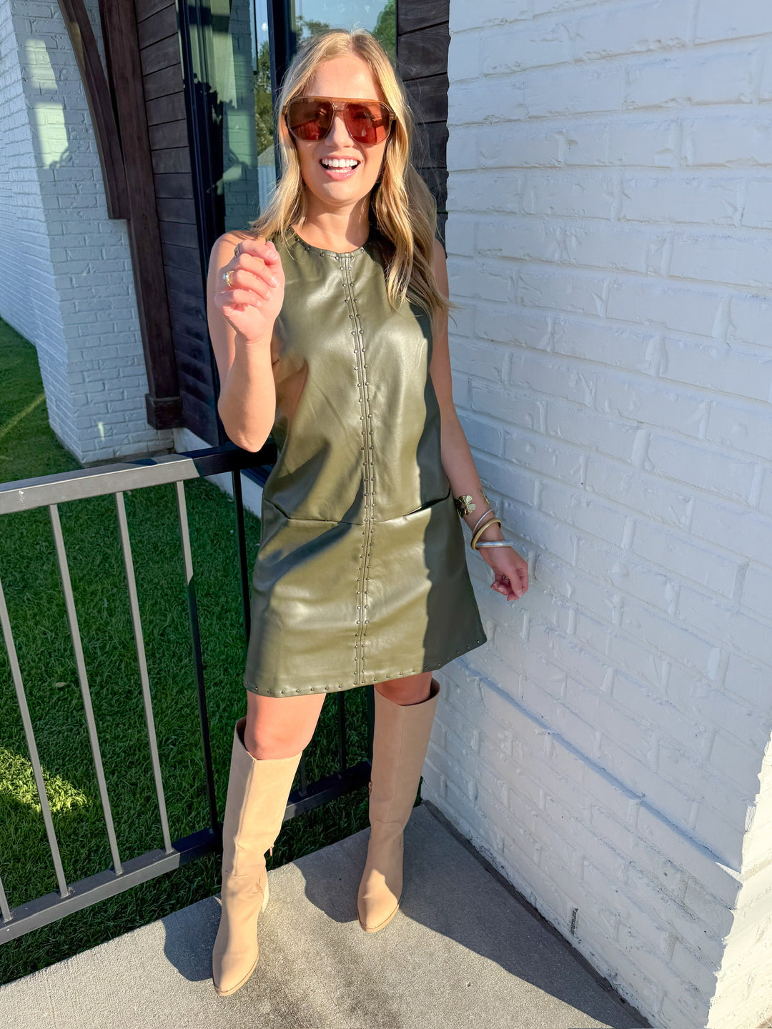 THE NIGHT OUT OLIVE STUDDED MINI DRESS