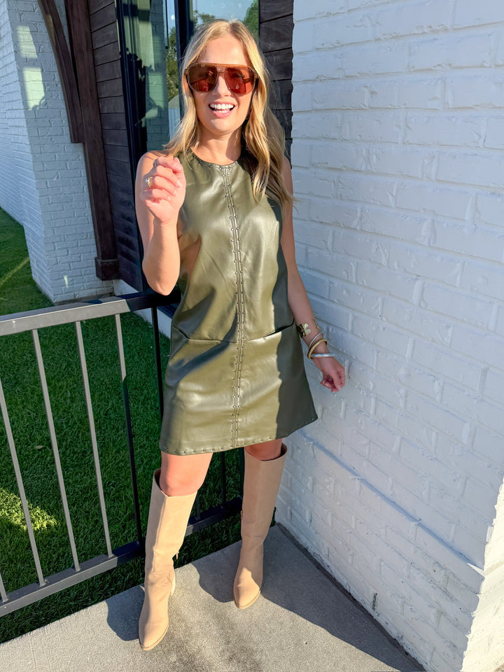THE NIGHT OUT OLIVE STUDDED MINI DRESS