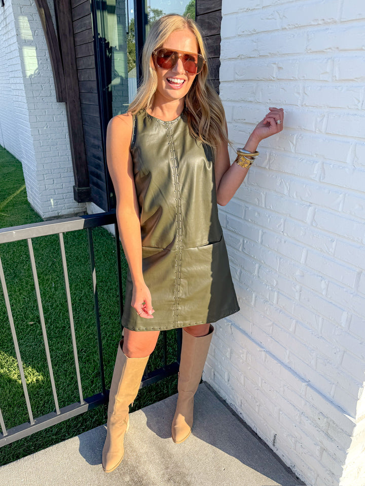 THE NIGHT OUT OLIVE STUDDED MINI DRESS