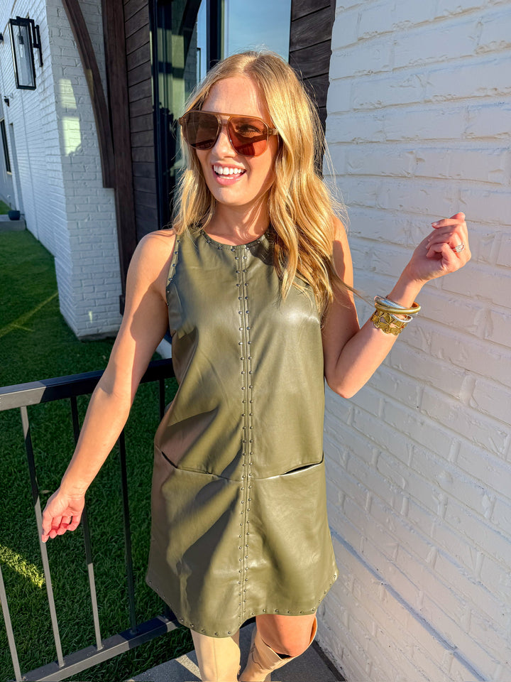 THE NIGHT OUT OLIVE STUDDED MINI DRESS