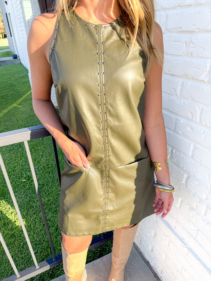 THE NIGHT OUT OLIVE STUDDED MINI DRESS