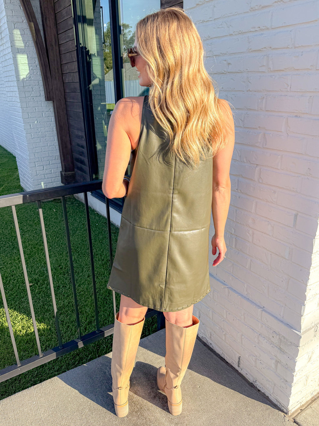 THE NIGHT OUT OLIVE STUDDED MINI DRESS
