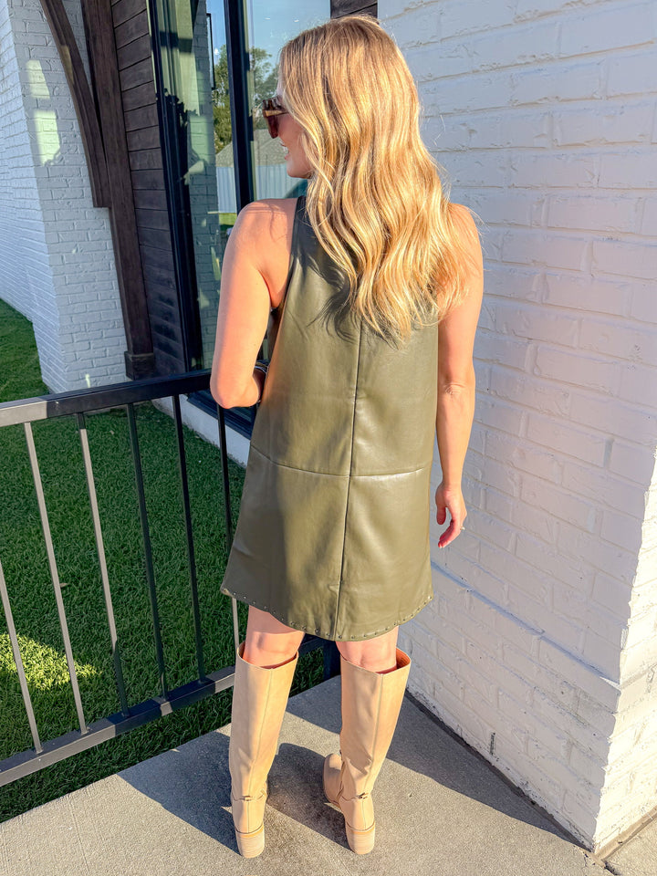 THE NIGHT OUT OLIVE STUDDED MINI DRESS