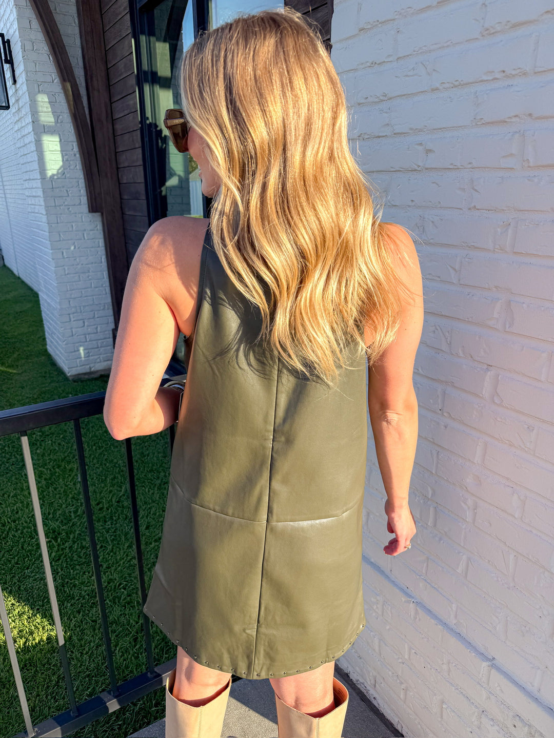 THE NIGHT OUT OLIVE STUDDED MINI DRESS