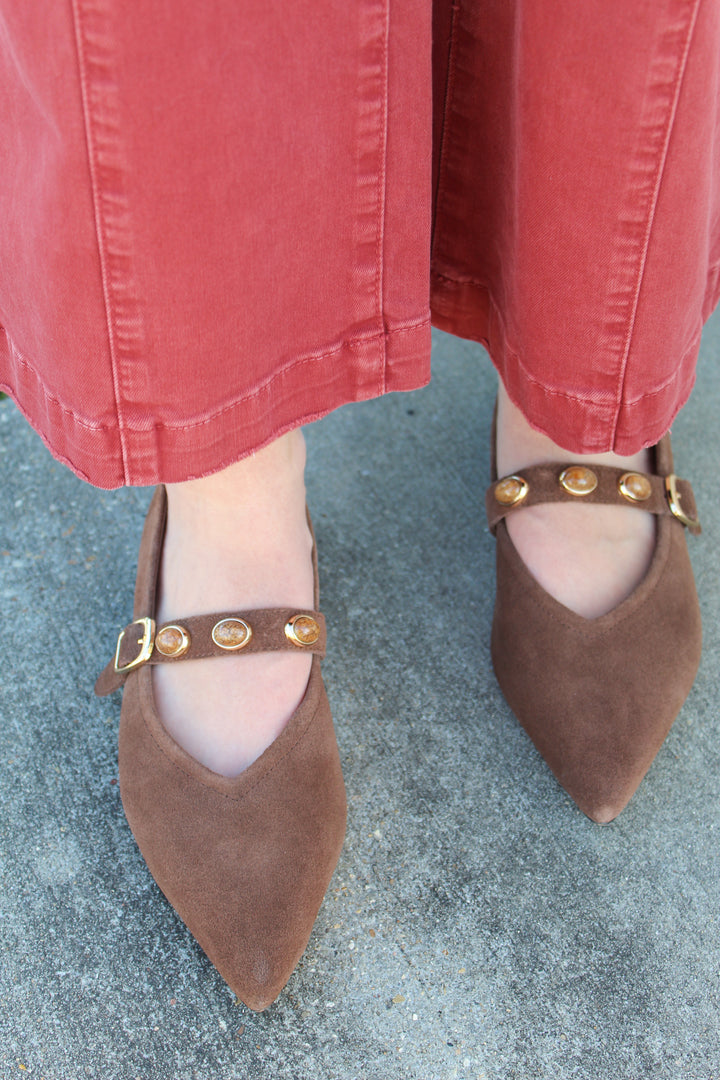ABRINA CHOCOLATE SUEDE STUDDED MULE