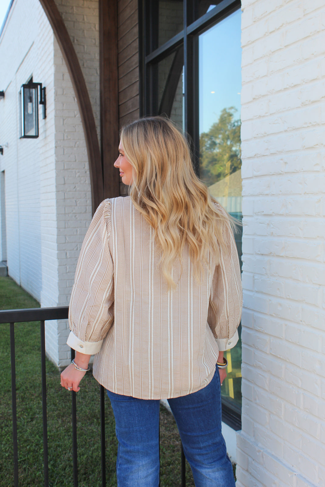 THE TATUM TAUPE AND WHITE LONG SLEEVE TOP