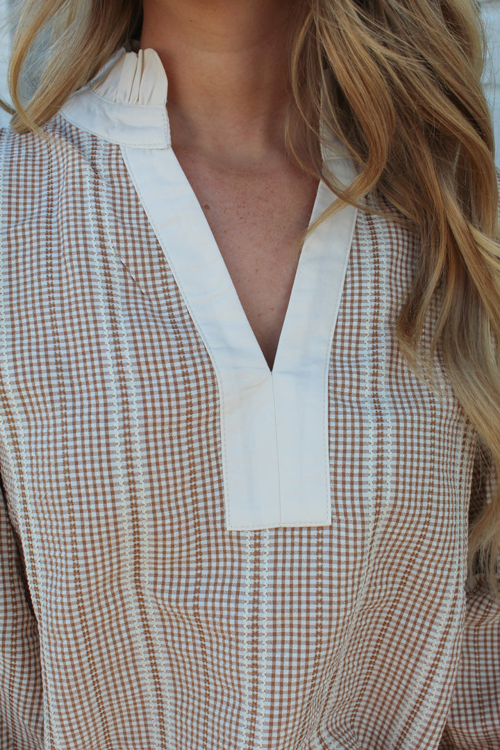 THE TATUM TAUPE AND WHITE LONG SLEEVE TOP