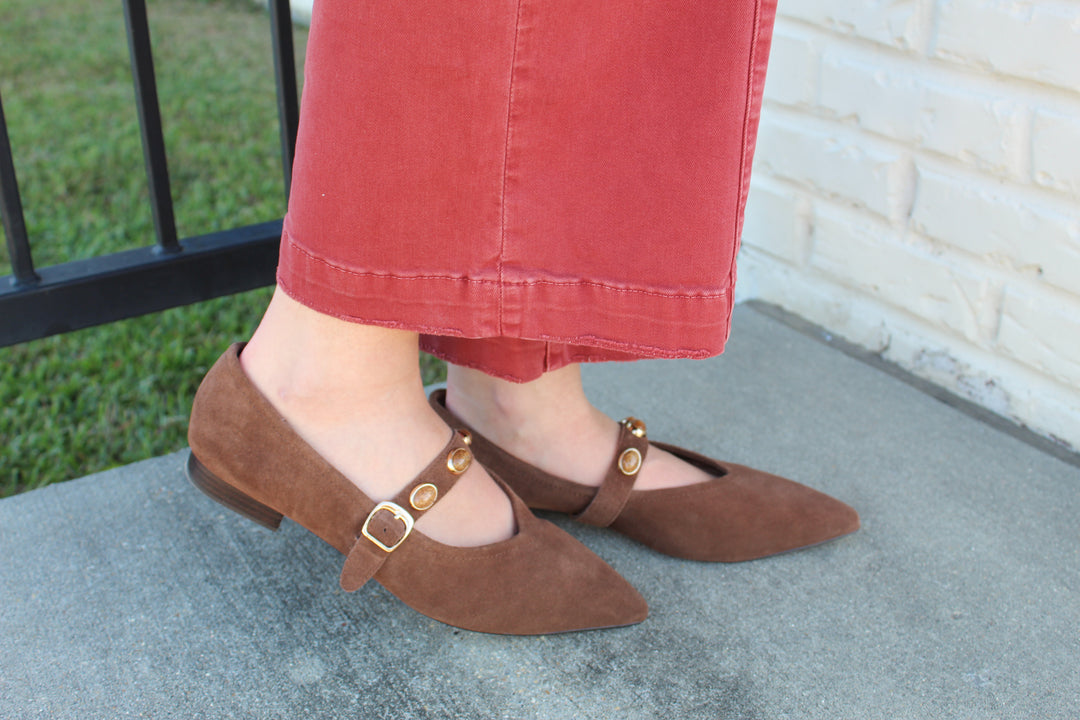 ABRINA CHOCOLATE SUEDE STUDDED MULE