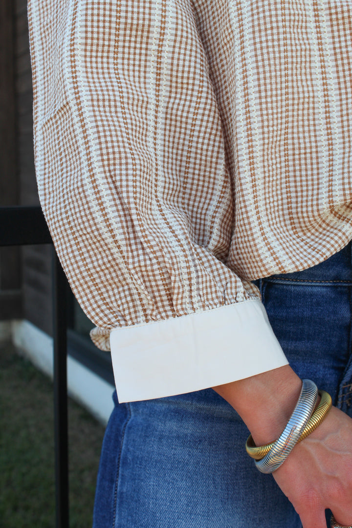 THE TATUM TAUPE AND WHITE LONG SLEEVE TOP
