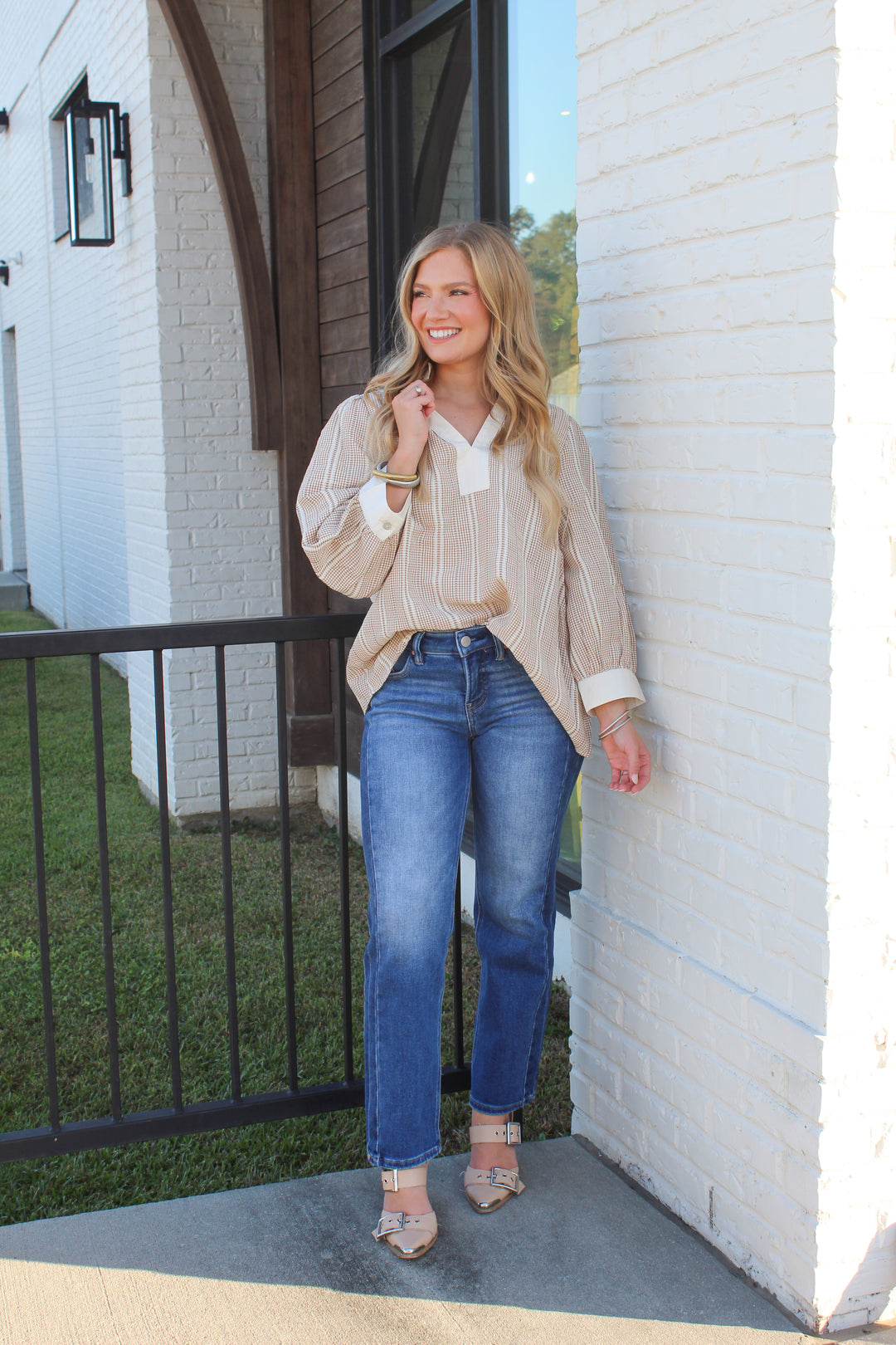 THE TATUM TAUPE AND WHITE LONG SLEEVE TOP