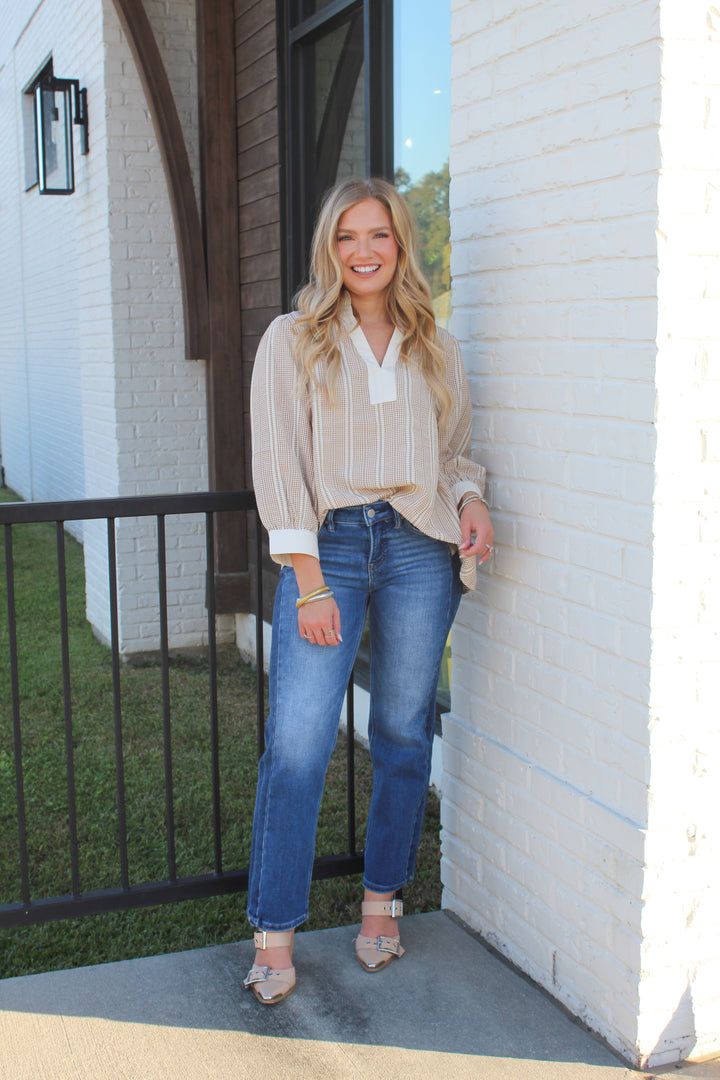 THE TATUM TAUPE AND WHITE LONG SLEEVE TOP