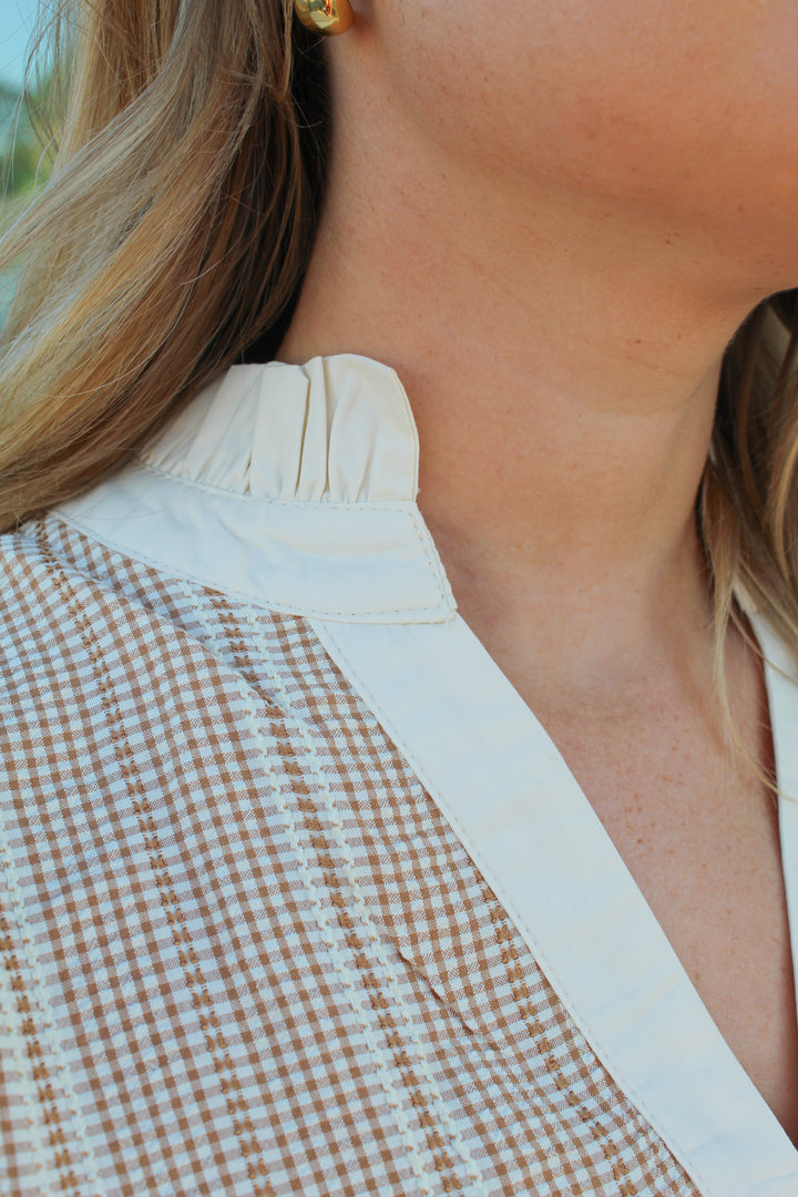 THE TATUM TAUPE AND WHITE LONG SLEEVE TOP