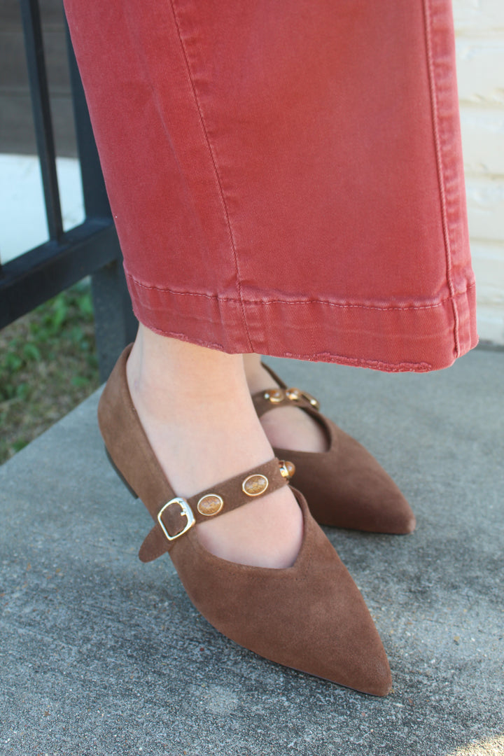 ABRINA CHOCOLATE SUEDE STUDDED MULE
