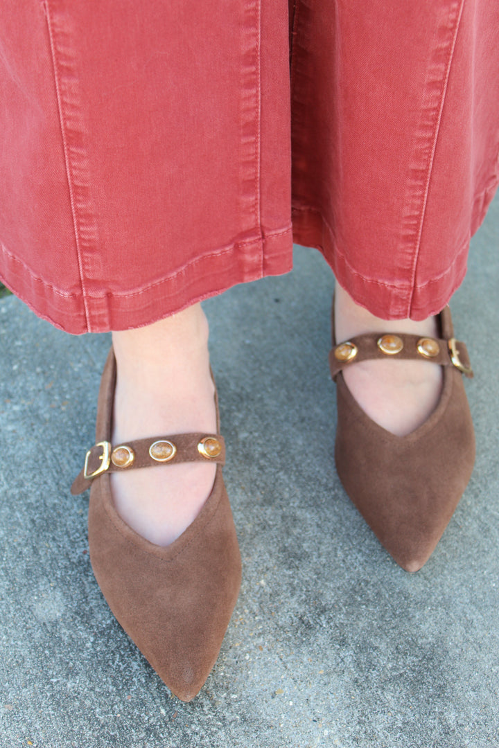 ABRINA CHOCOLATE SUEDE STUDDED MULE