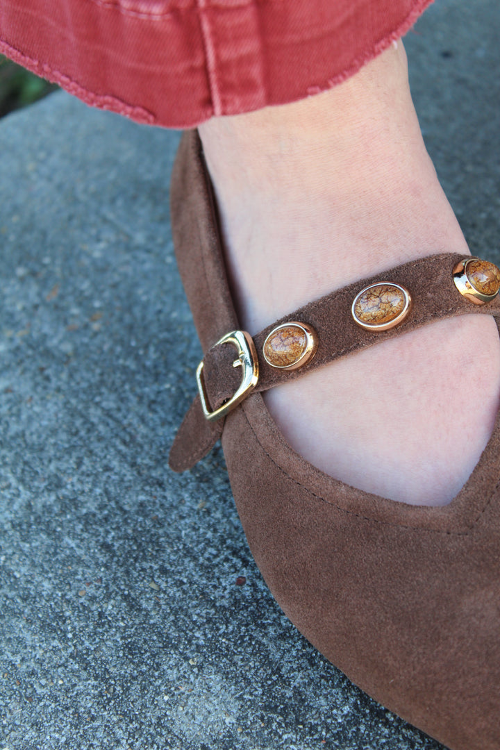 ABRINA CHOCOLATE SUEDE STUDDED MULE