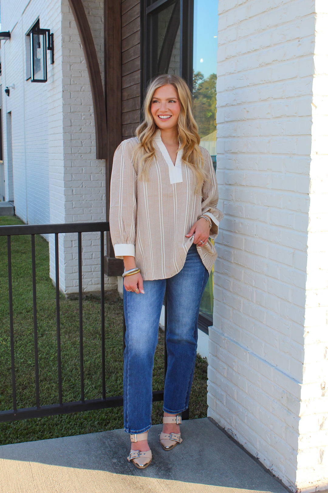 THE TATUM TAUPE AND WHITE LONG SLEEVE TOP